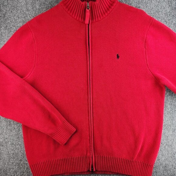 Polo Ralph Lauren Full Zip XL Red Knit Blue Pony Logo Cotton Men Jacket Sweater - Picture 1 of 15